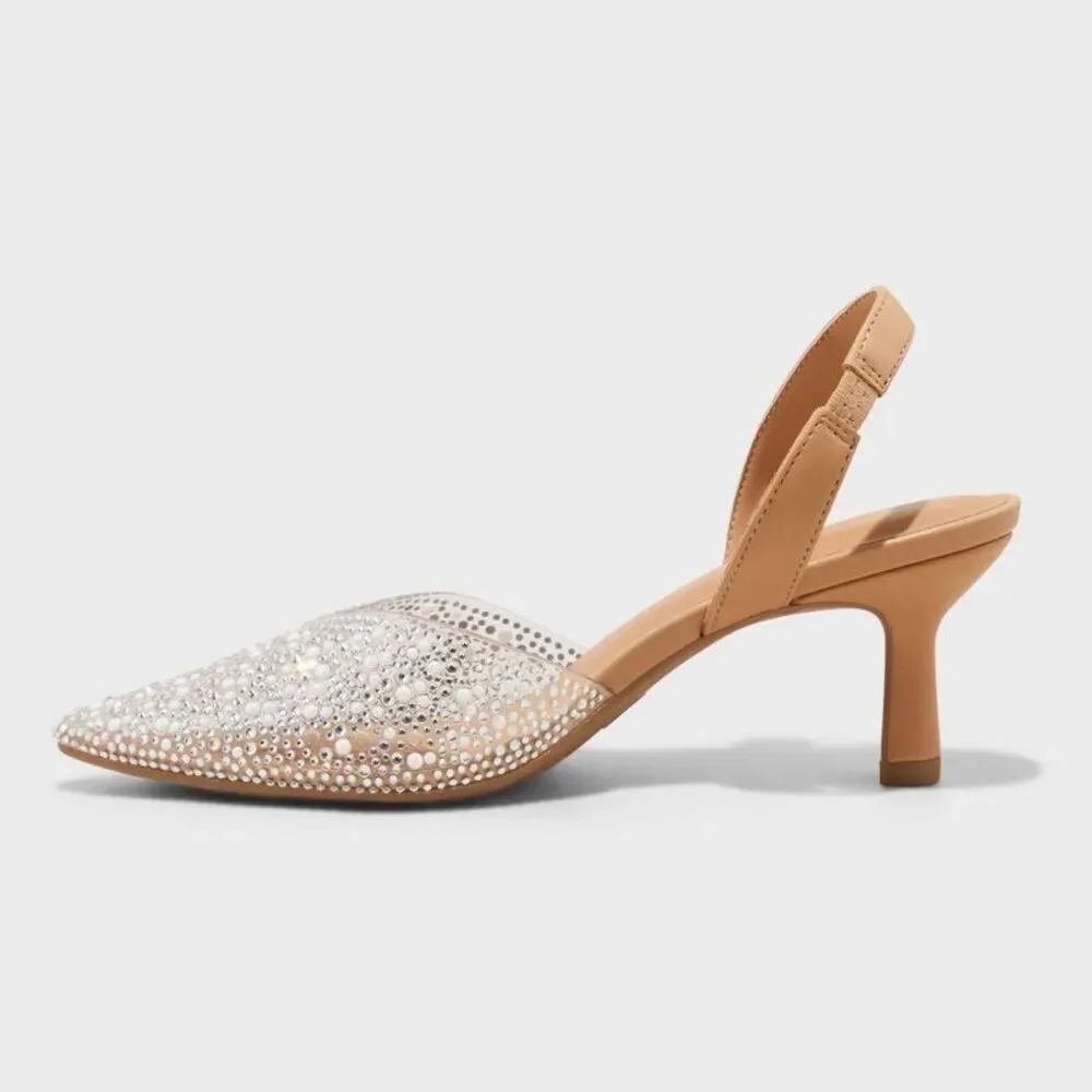 A New Day - Women's Isabel Embellished Slingback Kitten Pumps  Clear